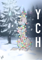 Size: 1640x2360 | Tagged: safe, artist:stirren, pony, bondage, christmas, christmas lights, commission, garland, holiday, pine tree, sitting, snow, snowfall, solo, tree, your character here