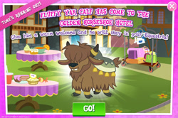 Size: 1956x1296 | Tagged: safe, yona's brother, yak, background character, background yak, calf, cloven hooves, english, gameloft, hair over eyes, horn, horn ring, horns, male, ring, text, unnamed character, unnamed yak, yak calf