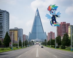 Size: 1440x1153 | Tagged: safe, rainbow dash, zapp, pegasus, pony, g4, power ponies (episode), female, irl, mare, north korea, photo, ponies in real life, power ponies, pyongyang