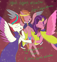 Size: 2962x3238 | Tagged: safe, artist:madtown97, pipp petals, zipp storm, oc, oc:nimble speed, pegasus, pony, g5, my little pony: a new generation, my little pony: make your mark, my little pony: make your mark chapter 3, winter wishday, spoiler:g5, spoiler:winter wishday, cloak, clothes, colored wings, eyebrows, eyes closed, female, flying, gradient wings, high res, male, mare, open mouth, open smile, pegasus oc, royal sisters (g5), siblings, signature, sisters, smiling, song, song reference, spotlight, spread wings, stallion, trio, wings