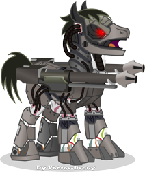 Size: 3225x3798 | Tagged: safe, artist:vector-brony, oc, oc only, oc:deus, cyborg, cyborg pony, earth pony, pony, fallout equestria, fallout equestria: project horizons, angry, armor, fanfic art, glare, gun, looking at someone, mane, red eyes, scar, scarred, simple background, steel pony, transparent background, vector, weapon