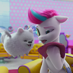 Size: 1080x1080 | Tagged: safe, screencap, cloudpuff, zipp storm, dog, flying pomeranian, pegasus, pomeranian, pony, g5, my little pony: make your mark, my little pony: make your mark chapter 2, portrait of a princess, 3d, cropped, cucumber, disgusted, female, food, male, mare, smiling, tongue out, towel, winged dog