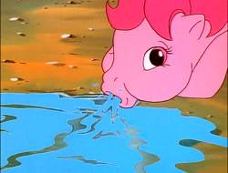 Size: 631x480 | Tagged: safe, screencap, honeysuckle, flutter pony, pony, g1, female, great moments in animation, mare, silly, slurp, solo, succ, wat, water