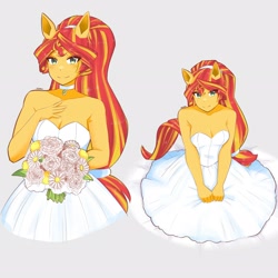 Size: 2894x2894 | Tagged: safe, artist:deeemperor, sunset shimmer, human, equestria girls, g4, alternate hairstyle, bare shoulders, breasts, busty sunset shimmer, choker, clothes, cute, dress, female, flower, high res, marriage, ponied up, reasonably sized breasts, shimmerbetes, simple background, sleeveless, solo, strapless, wedding, wedding dress, white background