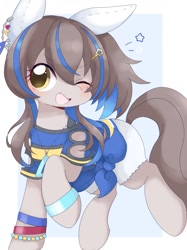 Size: 1128x1508 | Tagged: safe, artist:ginmaruxx, earth pony, pony, anime, blushing, bracelet, clothes, daitaku helios, eye clipping through hair, female, jewelry, looking at you, mare, necklace, one eye closed, open mouth, open smile, ponified, raised hoof, simple background, smiling, solo, stars, uma musume pretty derby, white background, wink, winking at you, wristband