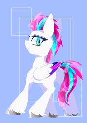 Size: 1075x1518 | Tagged: safe, artist:stacy_165cut, zipp storm, pegasus, pony, g5, abstract background, blue background, female, folded wings, looking at you, looking back, looking back at you, mare, simple background, solo, wings