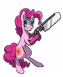 Size: 2066x2507 | Tagged: safe, artist:yukkuri_yu_yu, pinkie pie, earth pony, pony, g4, bipedal, bonesaw, female, grin, high res, hoof hold, looking at you, mare, medic, medic (tf2), saw, simple background, smiling, solo, team fortress 2, white background
