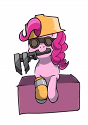 Size: 1763x2507 | Tagged: safe, artist:yukkuri_yu_yu, pinkie pie, earth pony, pony, g4, clothes, engineer, engineer (tf2), female, gloves, goggles, hard hat, hat, mare, mouth hold, simple background, solo, team fortress 2, white background, wrench