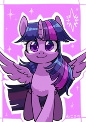 Size: 1763x2507 | Tagged: safe, artist:yukkuri_yu_yu, twilight sparkle, alicorn, pony, g4, abstract background, cute, female, high res, japanese, looking at you, mare, outline, simple background, smiling, smiling at you, solo, sparkles, spread wings, twiabetes, twilight sparkle (alicorn), white background, wings