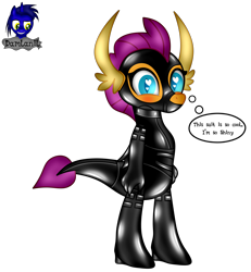 Size: 3840x4154 | Tagged: safe, alternate version, artist:damlanil, smolder, dragon, g4, bdsm, bodysuit, bondage, bondage mask, boots, bound wings, catsuit, clothes, collar, comic, corset, cute, dragon wings, dragoness, eyelashes, female, gag, gimp suit, heart, heart eyes, high heels, hood, horns, latex, latex boots, latex suit, muzzle gag, rubber, shiny, shoes, show accurate, simple background, smiling, smolderbetes, solo, standing, suit, text, thought bubble, transparent background, vector, wingding eyes, wings