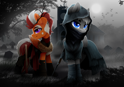 Size: 3400x2400 | Tagged: safe, artist:rainbowfire, oc, oc:eleftheria, bird, earth pony, pegasus, pony, bandage, blue eyes, cassock, church, clothes, creepy, cute, danger, darkness, duo, female, fog, grass, gravestone, graveyard, gun, hammer, hat, high res, jacket, looking at you, mare, monochrome, purple eyes, rifle, smiling, tree, weapon, wings