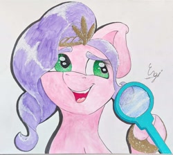 Size: 1778x1596 | Tagged: safe, artist:engi, pipp petals, pegasus, pony, g5, hoof done it?, my little pony: make your mark, my little pony: make your mark chapter 2, adorapipp, crown, cute, eyebrows, jewelry, magnifying glass, open mouth, regalia, scene interpretation, simple background, smiling, solo, traditional art, watercolor painting, where'd it go