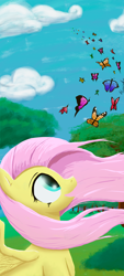 Size: 1080x2400 | Tagged: safe, artist:tkuroneko, fluttershy, butterfly, pegasus, pony, g4, bust, butterfly migration, female, looking at something, looking up, mare, open mouth, open smile, outdoors, profile, smiling, solo, spread wings, vertical, windswept mane, wings