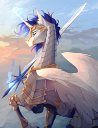 Size: 1676x2198 | Tagged: safe, artist:sweet julien, oc, oc only, alicorn, pony, alicorn oc, armor, cloud, commission, eyebrows, horn, knight, lidded eyes, male, outdoors, solo, spear, stallion, sword, weapon, wings