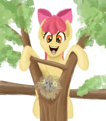 Size: 800x911 | Tagged: safe, artist:sa1ntmax, apple bloom, bird, earth pony, pony, g4, bird nest, climbing, female, filly, foal, happy, nest, open mouth, solo, tree