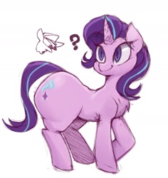 Size: 1489x1580 | Tagged: safe, artist:dorpapu, starlight glimmer, pony, unicorn, g4, butt, female, glimmer glutes, large butt, looking back, mare, oblivious, plot, question mark, raised hoof, simple background, smiling, the ass was fat, white background, wide hips