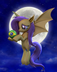 Size: 1188x1498 | Tagged: safe, artist:temporal333, edit, fluttershy, bat pony, pony, g4, 3d, ball, bat ponified, brazil, cloud, crying, female, flutterbat, flying, football, jpg, looking left, mare, moon, night, pink mane, race swap, red eyes, sad, sky, solo, sorrow, sports, stars, tears of pain, world cup, yellow skin