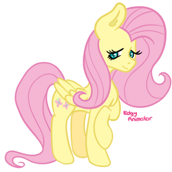 Size: 2000x2000 | Tagged: safe, artist:edgyanimator, fluttershy, pegasus, pony, chest fluff, cutie mark, digital art, ear fluff, fanart, female, firealpaca, folded wings, full body, high res, long hair, looking down, mare, pink hair, png, raised hoof, shy, simple, simple background, solo, turquoise eyes, white background, wings, yellow coat