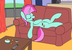 Size: 2000x1400 | Tagged: safe, artist:amateur-draw, oc, oc only, oc:belle boue, pony, unicorn, apartment, couch, curtains, inside, interior, male, microwave, relaxing, remote, sleeping, snacks, solo