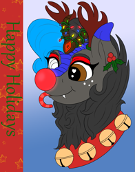 Size: 859x1096 | Tagged: safe, artist:gray star, oc, oc only, oc:heccin pepperino, kirin, pony, christmas, christmas lights, cute, fangs, female, freckles, happy holidays, head shot, heart, holiday, holly, kirin oc, simple background, solo