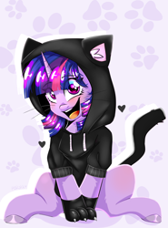Size: 2150x2911 | Tagged: safe, artist:pozya1007, twilight sparkle, pony, unicorn, g4, blushing, clothes, costume, cute, female, hoodie, kigurumi, looking at you, neko, open mouth, open smile, paw gloves, simple background, smiling, solo, whiskers, white background
