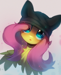 Size: 1162x1446 | Tagged: safe, artist:astralblues, fluttershy, pegasus, pony, g4, blushing, bust, cat hoodie, chest fluff, cute, hair over one eye, looking at you, open mouth, portrait, shyabetes, solo, sparkles