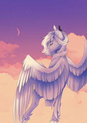 Size: 2480x3508 | Tagged: safe, artist:lunciakkk, oc, oc:cloudy vexiium, pegasus, pony, beyond cloud, beyond sky, cloud, commission, crescent moon, ear fluff, eyes closed, high res, moon, solo, underhoof, unshorn fetlocks