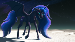 Size: 1280x720 | Tagged: safe, alternate version, artist:leopon276, nightmare moon, alicorn, pony, g4, female, floppy ears, gritted teeth, horn, mare, moon, no armor, solo, spread wings, teeth, wings