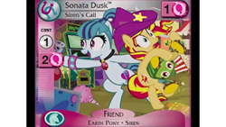 Size: 1366x768 | Tagged: safe, artist:pixelkitties, edit, enterplay, sonata dusk, sunset shimmer, zecora, earth pony, pony, unicorn, equestria girls, g4, high magic, my little pony collectible card game, my little pony equestria girls: better together, bacon hair, bipedal, card, ccg, disguise, disguised siren, duo, duo female, earth pony sonata dusk, equestria girls ponified, female, food, gem, holding a pony, looking at something, merchandise, open mouth, ponified, popcorn, pulling, siren gem, spiked wristband, wristband, youtube, youtube link