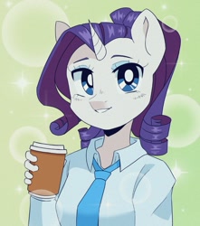 Size: 947x1069 | Tagged: safe, artist:melodylibris, rarity, unicorn, anthro, g4, anime style, bust, clothes, coffee, female, looking at you, necktie, shirt, smiling, smiling at you, solo, white shirt