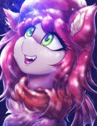 Size: 3000x3900 | Tagged: safe, artist:shad0w-galaxy, oc, oc only, oc:airi, bat pony, pony, adorable face, bat pony oc, bat wings, beanie, chest fluff, clothes, commission, cute, ear fluff, fangs, female, fluffy, green eyes, hat, high res, mare, night, open mouth, scarf, smiling, snow, snowfall, snowflake, solo, wings, winter, winter outfit