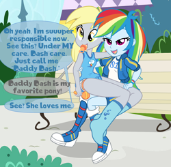 Size: 1262x1236 | Tagged: safe, artist:juicebarx, derpy hooves, rainbow dash, human, equestria girls, g4, abdl, diaper, diaper fetish, duo, female, fetish, lesbian, non-baby in diaper, onesie, pacifier, rattle, show accurate