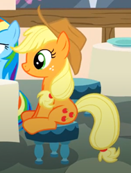 Size: 448x594 | Tagged: safe, screencap, applejack, rainbow dash, earth pony, pegasus, pony, g4, what about discord?, chair, cropped, cute, female, jackabetes, sitting, table