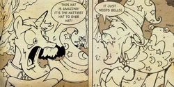 Size: 1332x672 | Tagged: safe, artist:katiecandraw, idw, star swirl the bearded, pony, unicorn, g4, spoiler:comic, cape, clothes, dialogue, hat, male, sepia, solo focus, speech bubble, stallion, unnamed character, unnamed pony