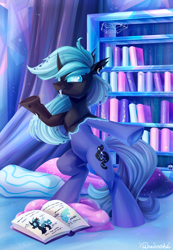 Size: 2076x3000 | Tagged: safe, artist:neonishe, oc, oc only, changeling, bipedal, book, bookshelf, changeling oc, crystal empire, looking at you, pillow, shapeshifting, solo, transformation