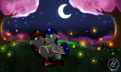Size: 2000x1200 | Tagged: safe, artist:juliana, artist:julie25609, oc, oc only, oc:mb midnight breeze, oc:se solar eclipse, firefly (insect), insect, pegasus, pony, black and red mane, couple, cuddling, cute, female, hug, hugging a pony, male, mare, moon, night, oc x oc, shipping, stallion, stars, wholesome