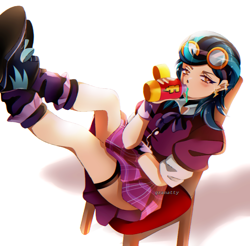 Size: 902x888 | Tagged: safe, artist:granatty, indigo zap, human, equestria girls, g4, clothes, cravat, crystal prep academy uniform, drinking, feet up, female, goggles, goggles on head, legs in air, plaid skirt, school uniform, schrödinger's pantsu, shoes, skirt, socks, solo, water bottle