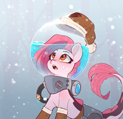 Size: 1363x1320 | Tagged: safe, artist:rexyseven, oc, oc only, oc:koraru koi, merpony, bubble helmet, christmas, hat, holiday, santa hat, snow, snowfall, solo