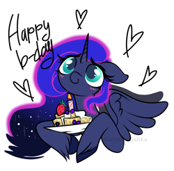 Size: 2941x2894 | Tagged: safe, artist:marsel1nushka, princess luna, alicorn, pony, g4, cake, cute, female, floppy ears, food, fruit, happy birthday, herbivore, high res, lunabetes, simple background, solo, strawberry, white background