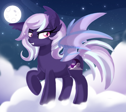 Size: 2805x2483 | Tagged: safe, artist:spookyle, oc, oc only, oc:spectra, bat pony, pony, cloud, female, full moon, high res, mare, moon, night, raised hoof, signature, solo