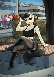 Size: 3508x4961 | Tagged: safe, artist:apocheck13, oc, oc:elya, earth pony, anthro, bench, boots, crossed legs, earth pony oc, female, looking at you, park, park bench, shoes, solo