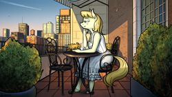Size: 3840x2160 | Tagged: safe, artist:apocheck13, oc, oc only, earth pony, anthro, unguligrade anthro, balcony, chair, city, commission, earth pony oc, female, hand on chin, high res, mug, sitting, solo, sunlight, table
