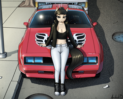 Size: 3000x2400 | Tagged: safe, artist:apocheck13, oc, oc only, oc:elya, earth pony, anthro, breasts, car, cleavage, clothes, converse, denim, earth pony oc, female, ford, ford econoline, high res, jacket, jeans, leaning back, leather, leather jacket, looking at you, midriff, pants, pontiac, pontiac firebird, pontiac trans am, reasonably sized breasts, shoes, solo, street
