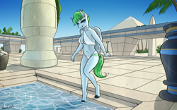Size: 7680x4800 | Tagged: safe, artist:apocheck13, morning dew, pegasus, anthro, unguligrade anthro, g4, bikini, bocas top, bocas wrap bikini, breasts, busty morning dew, cleavage, clothes, egypt, female, looking at you, poolside, pyramid, reasonably sized breasts, solo, swimsuit
