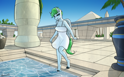 Size: 7680x4800 | Tagged: safe, alternate version, artist:apocheck13, morning dew, pegasus, anthro, unguligrade anthro, g4, clothes, egypt, egyptian, egyptian pony, female, loincloth, looking at you, poolside, pyramid, solo