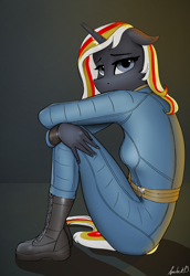 Size: 2160x3140 | Tagged: safe, artist:apocheck13, oc, oc:velvet remedy, unicorn, anthro, plantigrade anthro, fallout equestria, clothes, fallout, high res, horn, jumpsuit, looking at you, simple background, sitting, vault suit