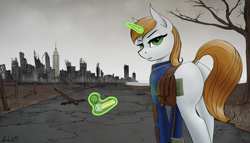 Size: 3500x2000 | Tagged: safe, artist:apocheck13, oc, oc only, oc:littlepip, pony, unicorn, fallout equestria, butt, cloud, day, dock, eyebrows, eyelashes, female, gun, handgun, high res, horn, levitation, lidded eyes, little macintosh, looking at you, looking back, looking back at you, magic, outdoors, plot, pony oc, raised tail, revolver, ruins, solo, tail, telekinesis, tree, unicorn oc, weapon