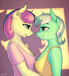 Size: 2104x2317 | Tagged: safe, artist:apocheck13, bon bon, lyra heartstrings, sweetie drops, earth pony, unicorn, anthro, g4, breasts, bust, cleavage, clothes, female, high res, horn, lesbian, looking at each other, looking at someone, reasonably sized breasts, ship:lyrabon, shipping, shirt, smiling