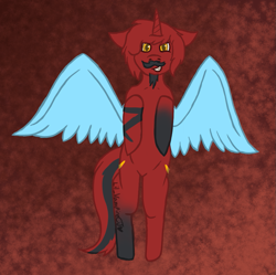 Size: 943x939 | Tagged: safe, artist:lil_vampirecj, oc, oc only, alicorn, pony, alicorn oc, grin, horn, looking at you, raffle, raffle prize, raffle winner, smiling, solo, spread wings, standing, standing on two hooves, wings