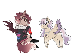 Size: 2701x2007 | Tagged: safe, artist:malinraf1615, oc, oc only, oc:amaranthine, oc:quinn, bat pony, pegasus, pony, 2023 community collab, derpibooru community collaboration, bat pony oc, bisexual pride flag, chibi, clothes, duo, ear fluff, ear piercing, earring, eyeshadow, fangs, female, fingerless gloves, freckles, gloves, high res, jacket, jewelry, leather, leather jacket, looking at each other, looking at someone, makeup, mare, markings, necklace, piercing, pride, pride flag, raised hoof, simple background, sitting, socks, stockings, sunglasses, thigh highs, transparent background, unshorn fetlocks